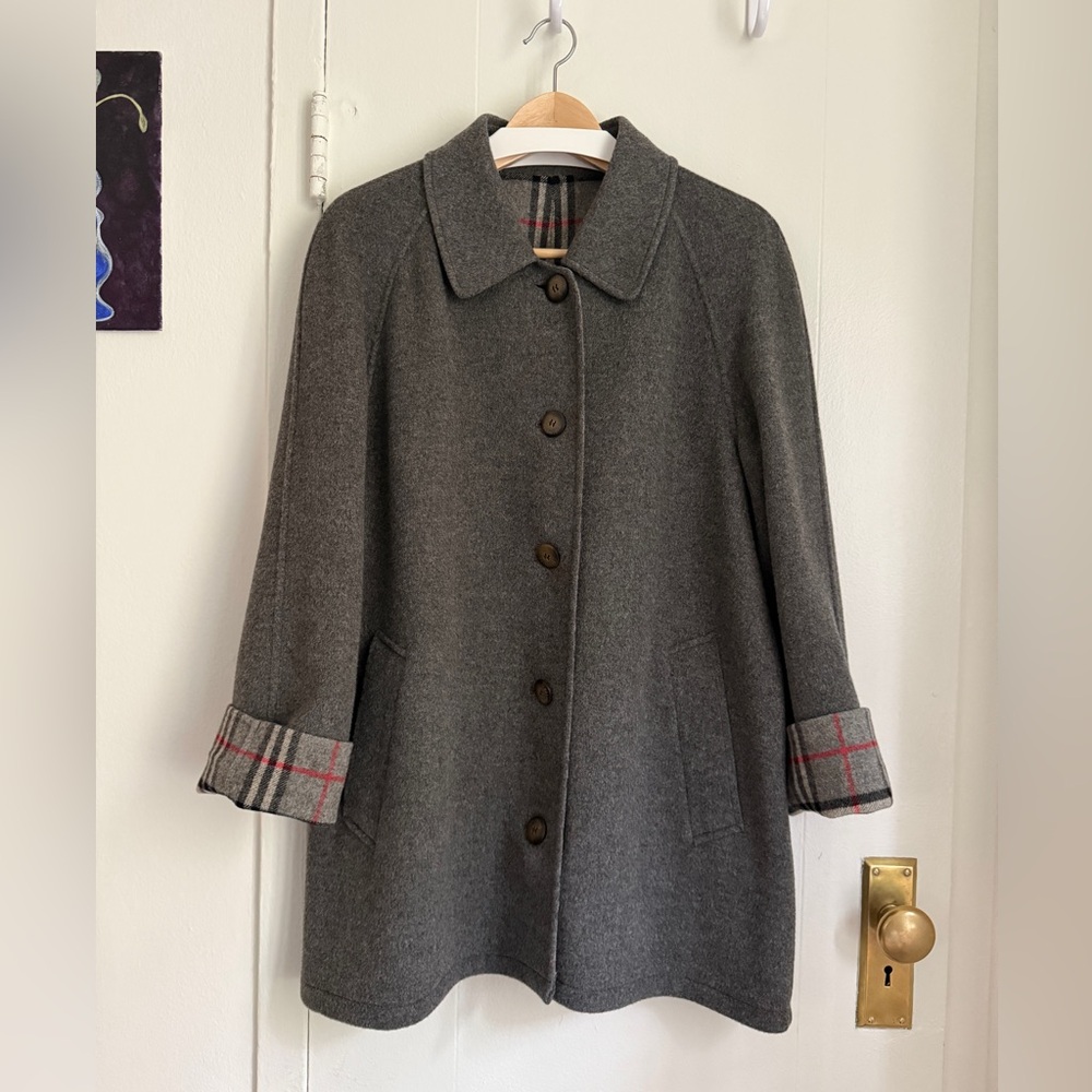 Vintage Burberry Gray Pea Coat with Plaid Accents